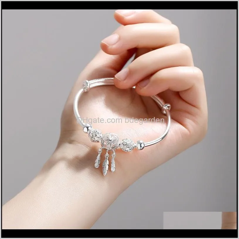 Adjustable 925 Sterling Silver Dreamcatcher Tassel Feather Round Bead Charm Bracelet &Bangle For Women Elegant Jewelry sl209