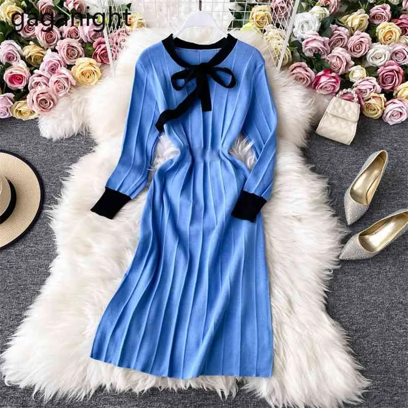 Eine Linie Solide Frauen Kleid Langarm Bogen Mode OL Bodycon Kleider Chic Koreanische Hohe Taille Vestidos 210601