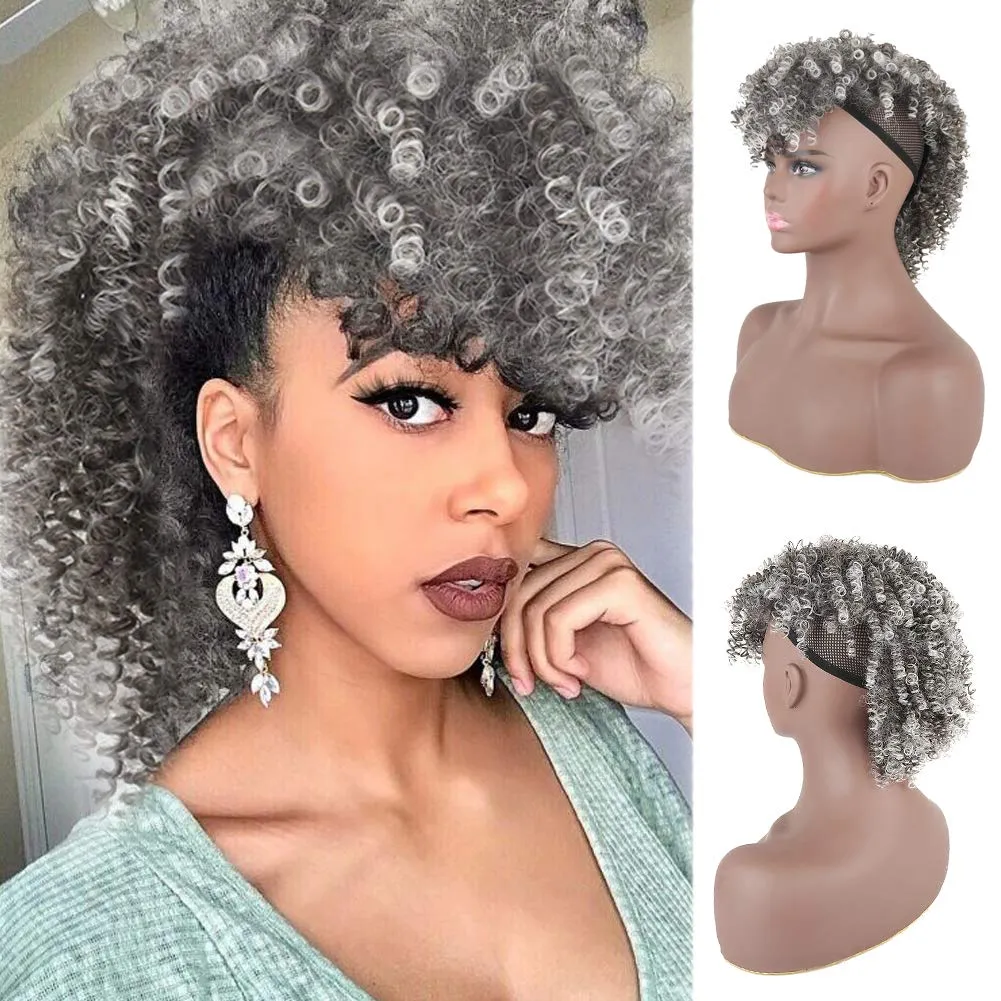 Новый серебристый серый вязание крючком косы вьющиеся хвост человеческие волосы волосы женщины хвостики удлинительные серые пони хвостовые части волос 120г 140г афроамериканец прически