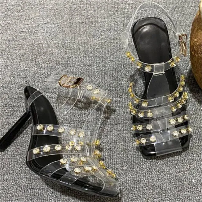 Ny sommar transparent sandal mode höga klackar kvadrat tår rivar rhinestones pumpar bröllopsfestskor på klackar stor storlek 34-43