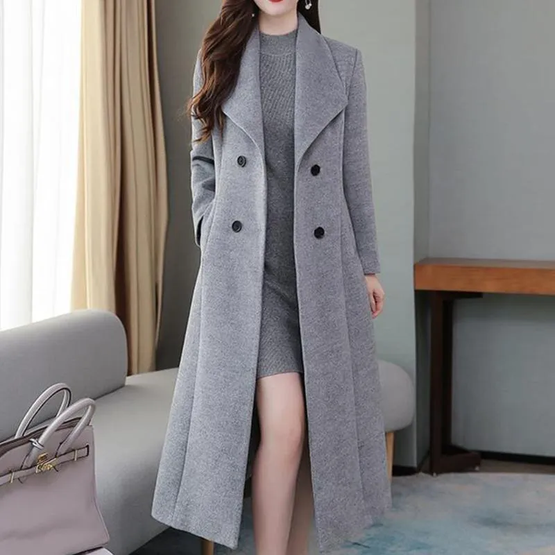 Soprabito in misto lana da donna 2021 Cappotto di lana autunno e inverno da donna Risvolto spesso Super lungo Vita sottile Giacca a vento Abbigliamento esterno femminile