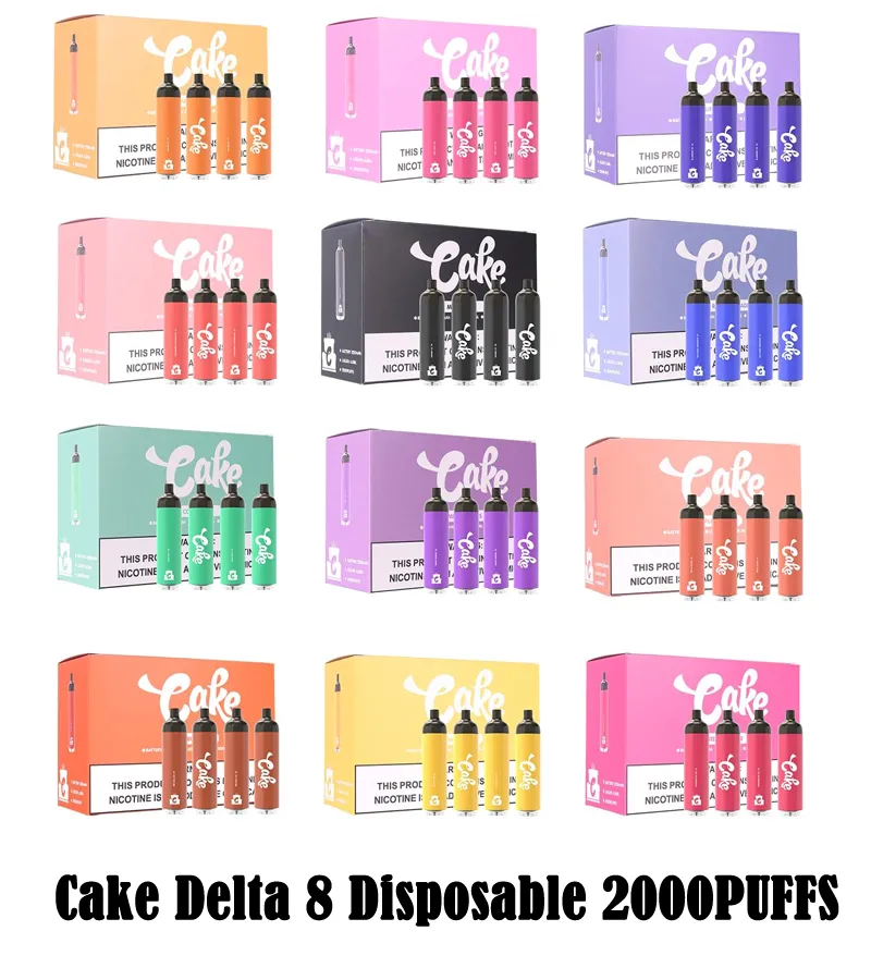 Cake original Delta 8 Pods jetables de 2000 Puffs Kit de démarreur Puffs E Dispositif de cigarettes Full Gram 6.5ml Capacité POD POP PEN 1250MAH Batterie pour huile épaisse 12 couleurs
