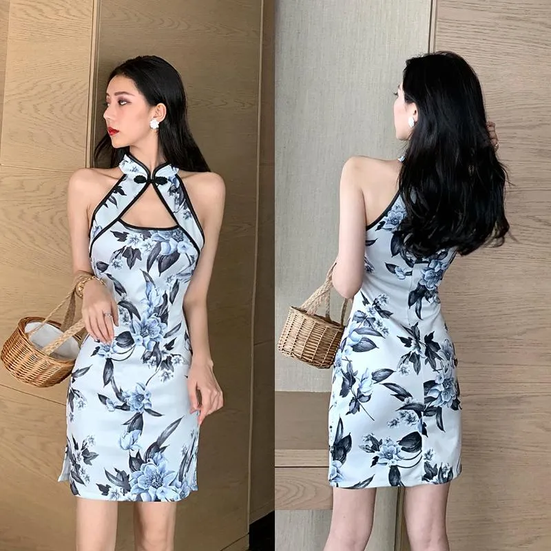 Vêtements ethniques # To Film The Spot Modified Anchor Imprimé Rétro Jeune Fille Bref Paragraphe Cultiver La Moralité Robe Qipao