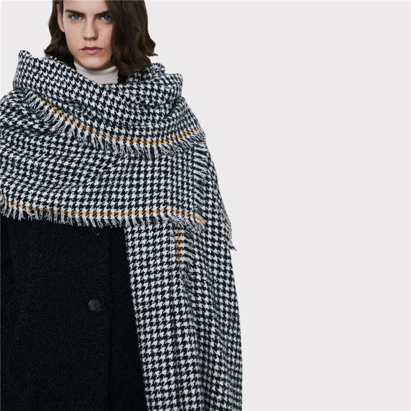 Za's new autumn and Winter Scarf Black and white thousand bird lattice imitation cashmere shawl women's thickened warm scarf
