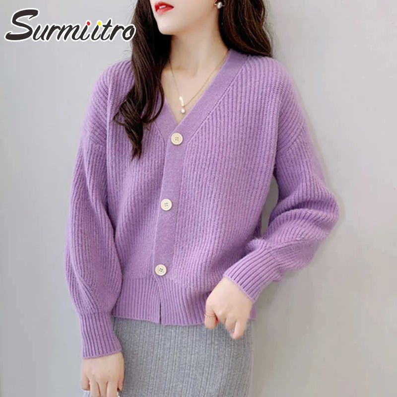 Surmiitro Höst Vinter Koreansk stil Söta Cardigan Kvinnor Knitwear Långärmad Sweater Kvinna Strikkad Jacka Coat Purple 210712