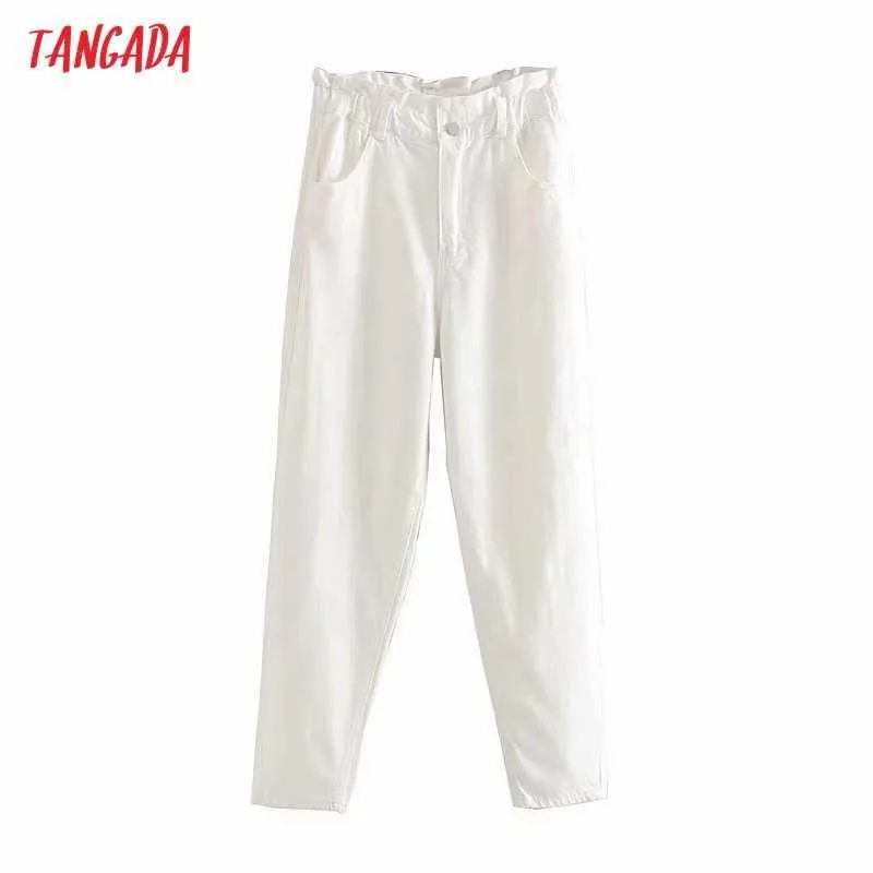 Tangada Fashion Women White Harm Jeans Pants Long Trousers Strethy Waist Pockets Buttons Female Pants 4M193 210609