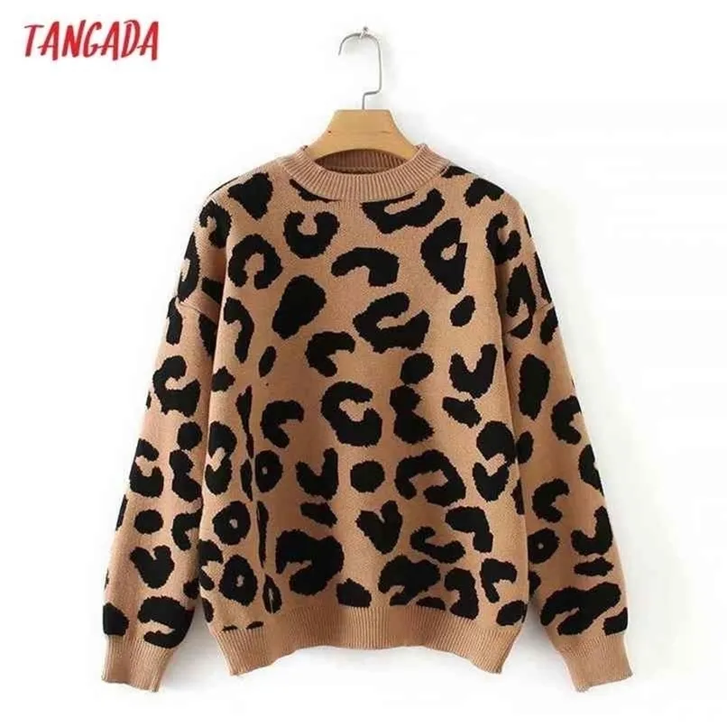 Tangada Women Leopardニットセーター冬の動物プリント厚い長袖の女性のプルオーバーカジュアルなトップス2x05 210914