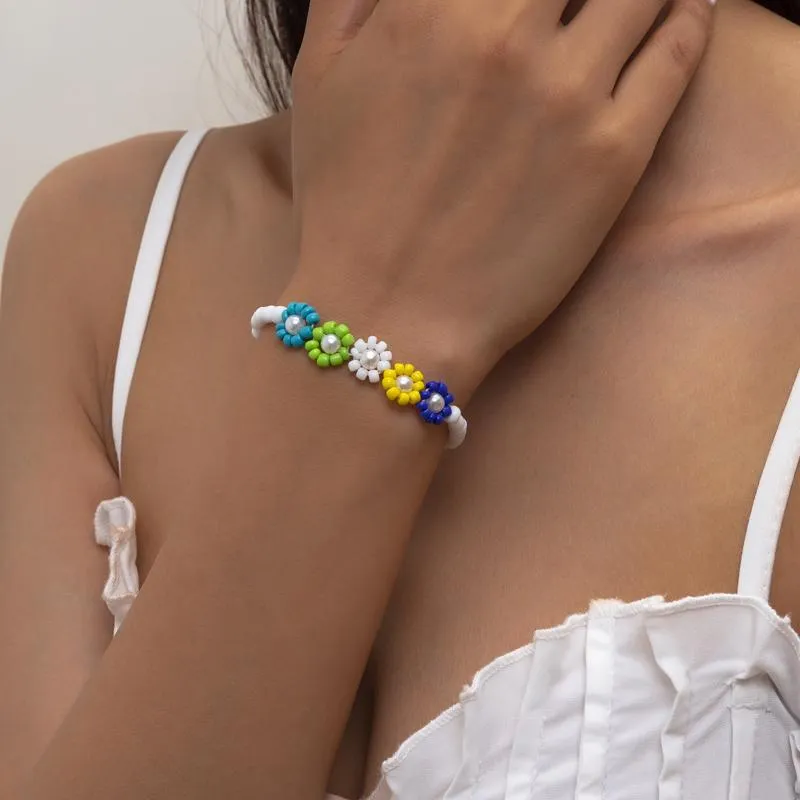 Bracelets de charme Origine Été Bohème Perles Multicolores Fleur Pour Femmes Filles Mode Simulation Perle Bijoux De Vacances