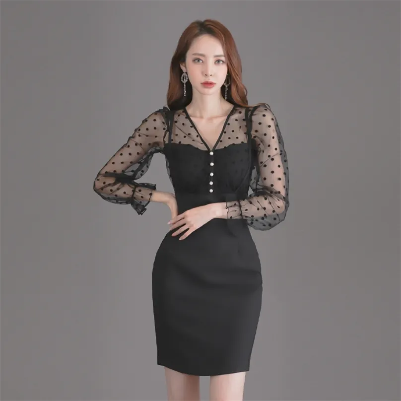 Fall Vinter Korea Dam Långärmad Hollow Out Black V Neck Sexig Office Party Dresses for Women Clothing 210602