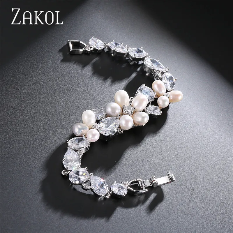 Zakol trendy marquise cz zirconia imitatie parel blad armbanden armbanden voor vrouwen trouwjurk FSBP132