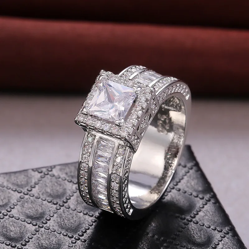 Anillo de diamantes de moissanite vintage Sterling Sier Princess Cut Cz Stone Mens Compromiso Anillos de boda de boda para mujeres Regalo de joyería