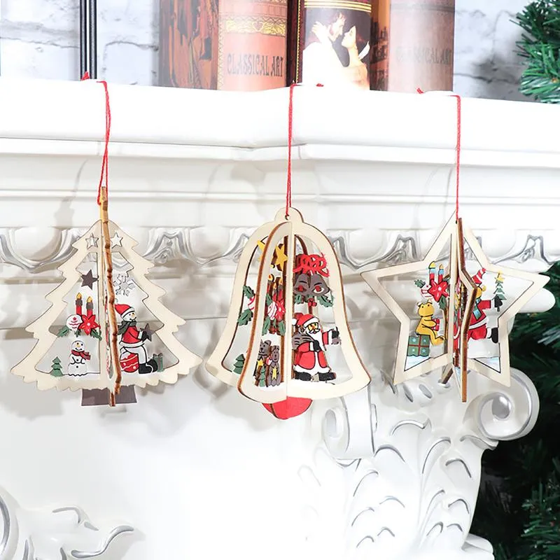 Christmas Decorations Pendant Hollow Wood Pentagram Bell Tree Snowman Decoration For Home Merry Ornament Navidad