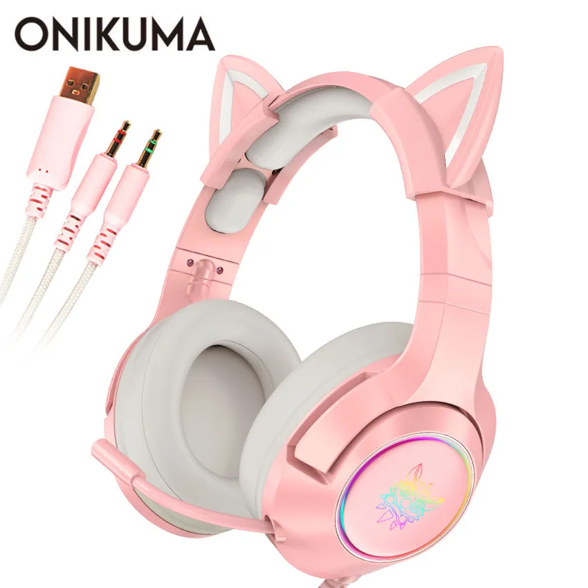 Roze Cat Ear Headset Girls Casque Bedrade Stereo Gaming Hoofdtelefoons met Mic Led Light Laptop / PS4 / Xbox One Controller