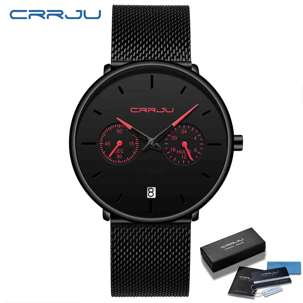 Crrju Fashion Quartz Clock Sports Men Watch Top Märke Luxury Vattentät Stål Klockor Manlig Ultra Tunn Armbandsur Reloj Hombre 210517