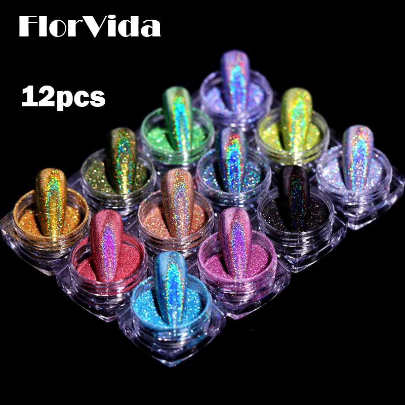FlorVida 12pcs Kit Holographic Glitter Mirror Powder Nail Art Chrome Pigment Dusts Rub On Nails Design For Manicure Set Salon