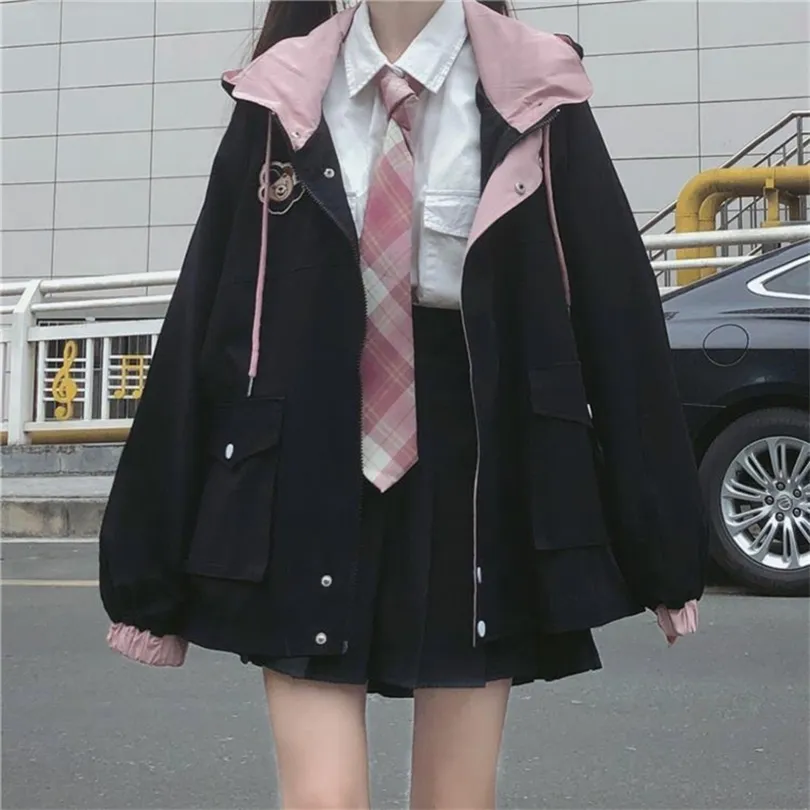 Japanese kawaii Zipper pink woman jacket Korean color matching winter clothes Loose cute female tops coat manteau femme 210818