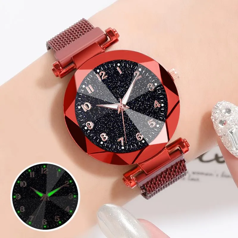 Saatı Kadınlar Kırmızı Saatler Moda Yıldızlı Gökyüzü Magnet Bilezik Paslanmaz Çelik Kuvars Zegarki Damskie Montre Femme