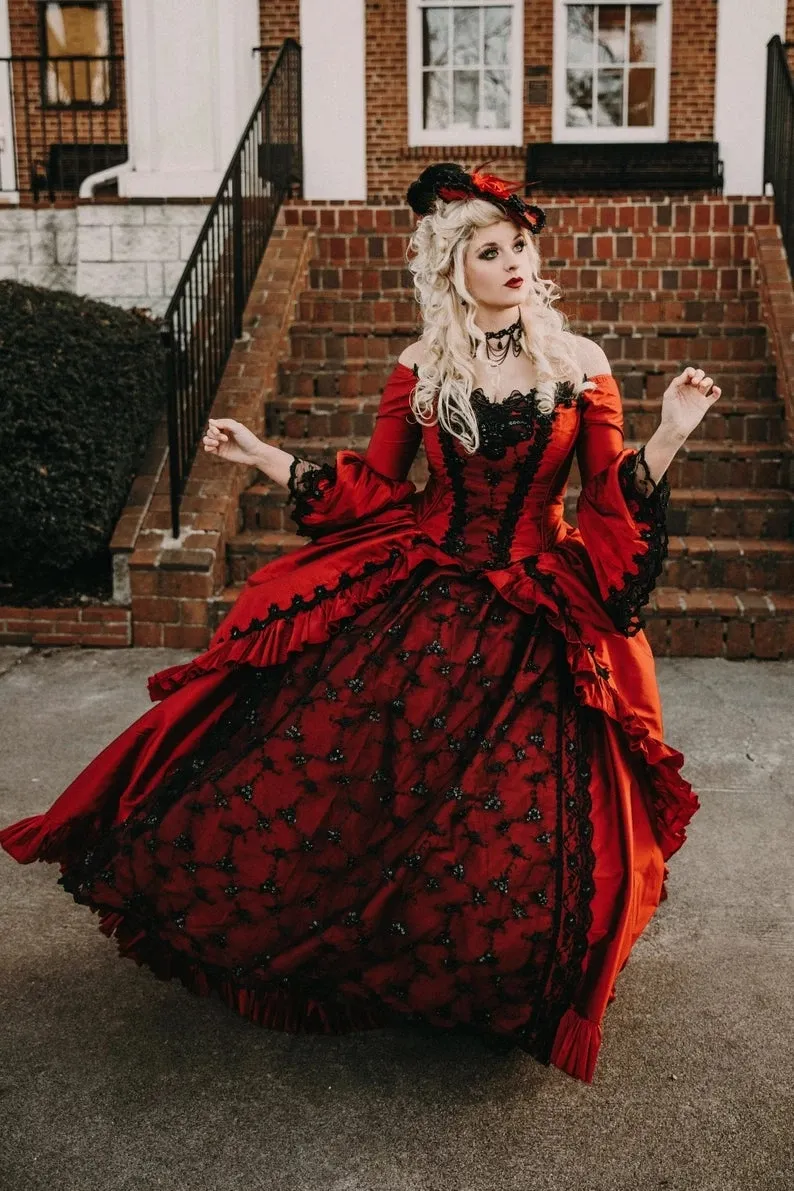 Princess Red Black Lace Medieval Fantasy A Line Wedding Gowns Victorian Halloween Masquerade Ball Gown Queen Puffy Sweet 16 Bridal Party Dresses