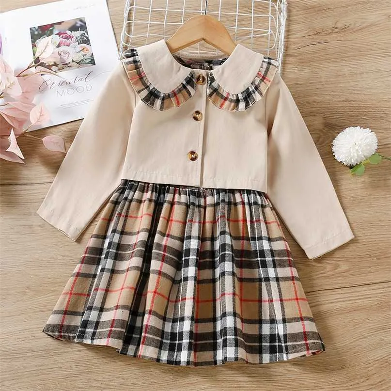 Girls Front Buttons Tops Sleeveless Dress Outfits Spring Autumn Baby Kids Long Sleeve Outwear Plaid A-line Clothing Sets 211104