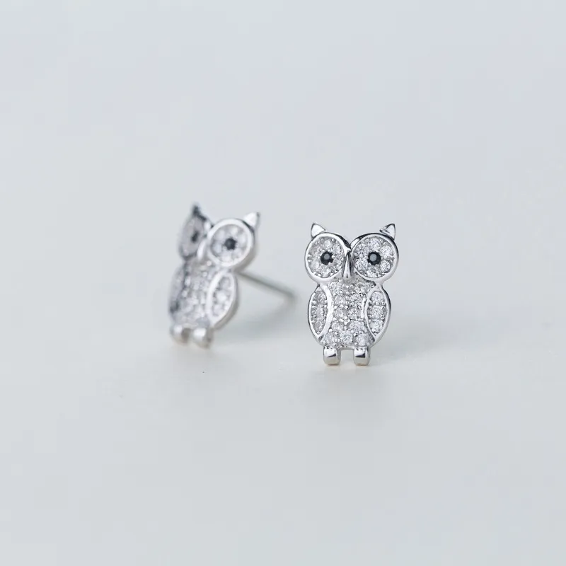 MloveAcc Fashion Night Owl Jewelry Genuine 925 Sterling Silver with Shiny Cubic Zirconia Animal Women Stud Earrings