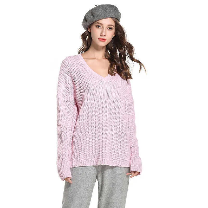 Biuro Lady Moda Swetry Swetry Kobiety Plus Rozmiar Solidny Kolor Z Długim Rękawem V-Neck Loose Casual Dzianiny Sweter Jesień 210608