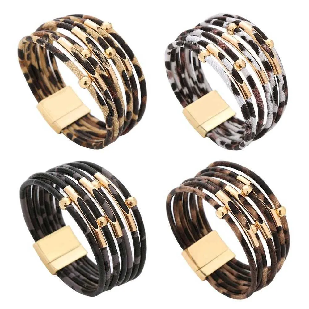 Wgoud Mode Léopard En Cuir Manchette Bracelets Bracelets Imprimé Animal Multicouche Large Wrap Bracelet Magnétique pour Femmes Filles Q0719