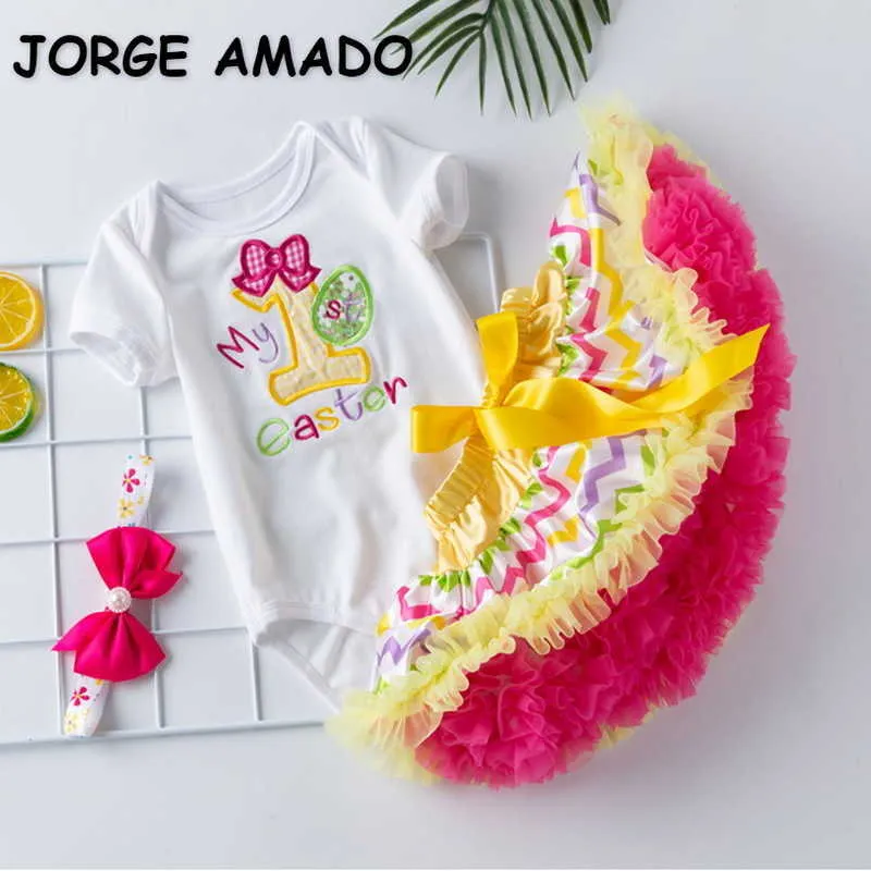 Summer Baby Girls 2-pcs Sets Embroidery Easter Egg Letter T-shirt + Bow Tutu Skirt Outfits Children Jumpsuit E014 210610