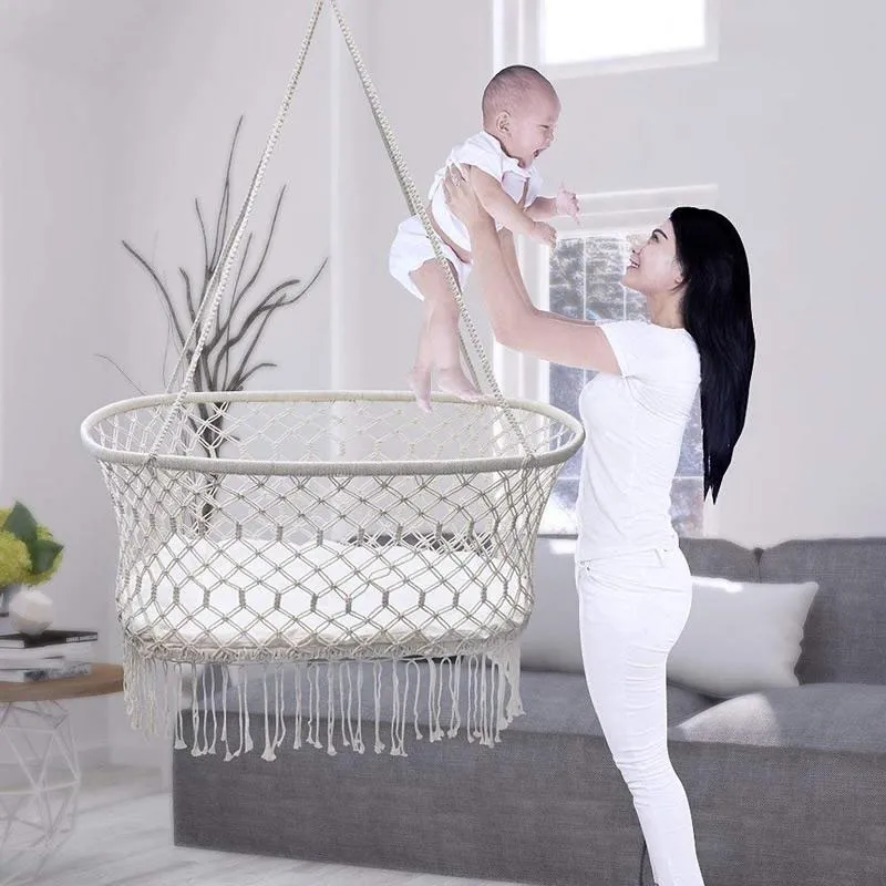 Meble obozowe Baby Hamak Cradle Swing Bed Urodzony Wiszący Tkany Koszyk Biały Odpowiedni dla 0-6 miesięcy