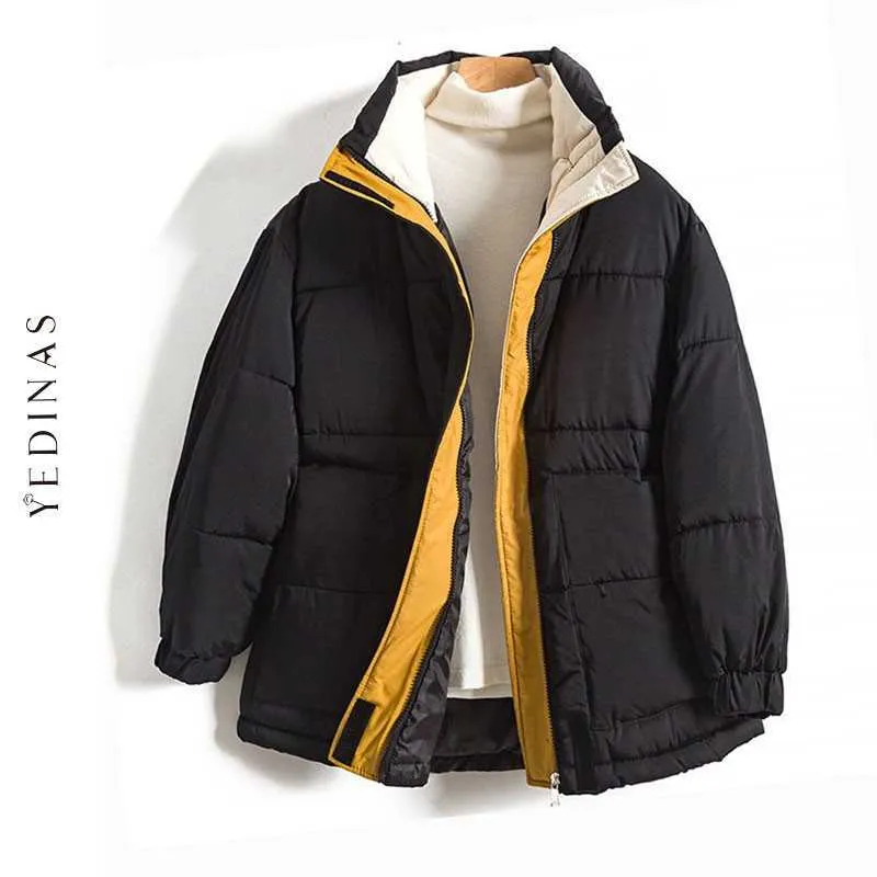 Yedinas Winter Coat女性レディースジャケットとコート韓国風ロングスリーブ暖かいパーカーFemme緩いカジュアルパッチワークファッション210527