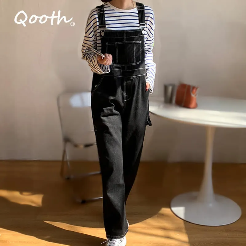 QOOD Damesriem Jeans High-Taille Koreaanse stijl Losse Casual Slimming Rechte Big Pocket Wide-Poot Overalls Broeken QT521 210518