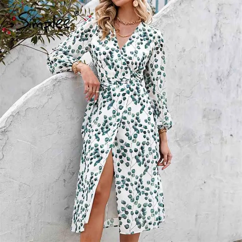 Elegant Groen Blad Print Jurk Sexy Lente Lange Mouwen V-hals Dames Jurken Kantoor Wrap Lace-up A-lijn Vestidos 210621