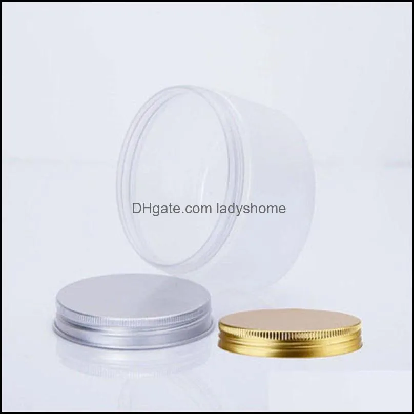 100ml 200ml Jars Transparent PET Plastic Storage Cans Boxes Round Bottle with gold Aluminum Lids HWB7197