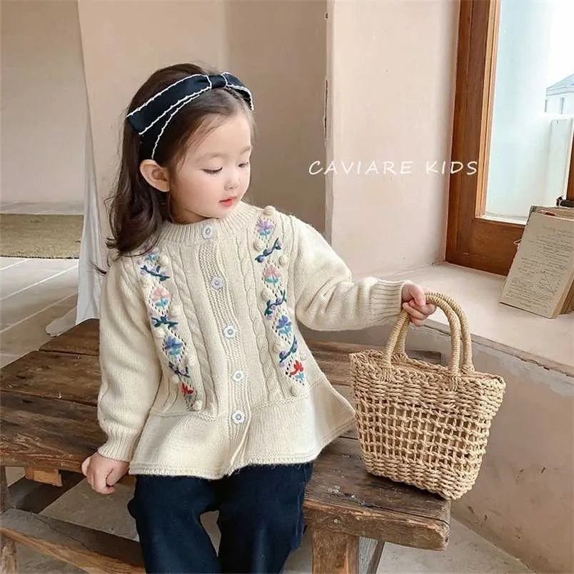 MILANCEL Autumn Kids Clothes Floral Sweater Korean Girl Cardigan Embroidered Knitted Fashion Children Outwear 211201