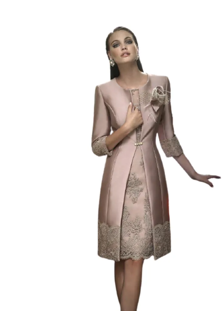 Elegante Abito Madre Della Sposa Con Cappotto Lungo, Gioiello A