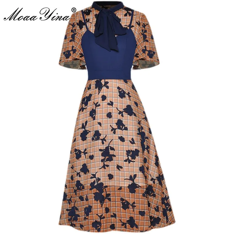 Designer Fashion Summer Short sleeve Dress Women's Bow Tie Flower Plaid Print Party Midi Dresses Vestdios 210524