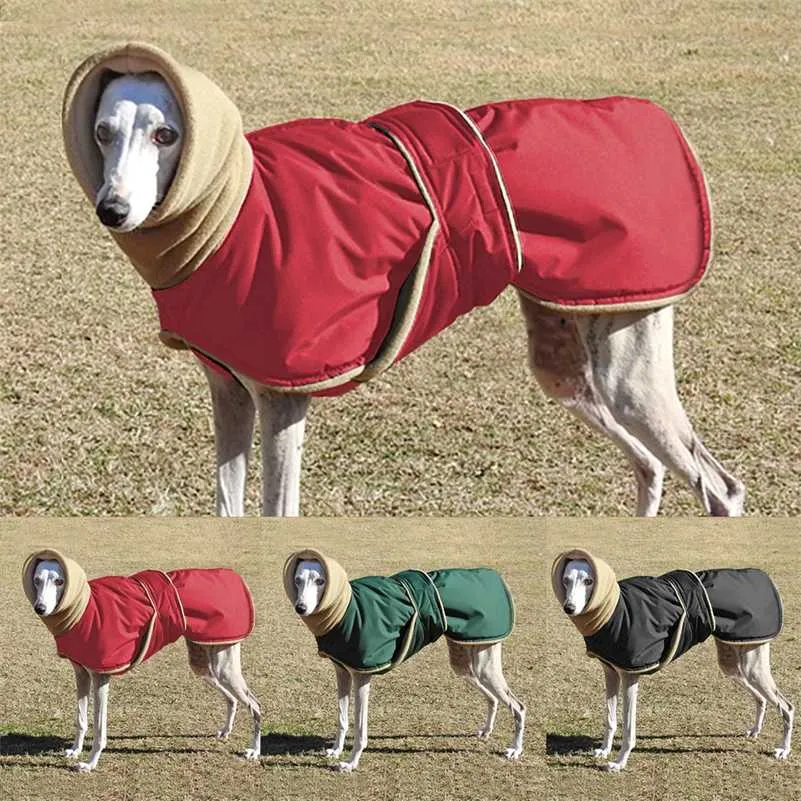 Winter Warm Dog Clothes Waterproof Thick Dog Jacket Clothing Red Black Dog Coat with Leash Hole for Medium Large Dogs Greyhound 211106