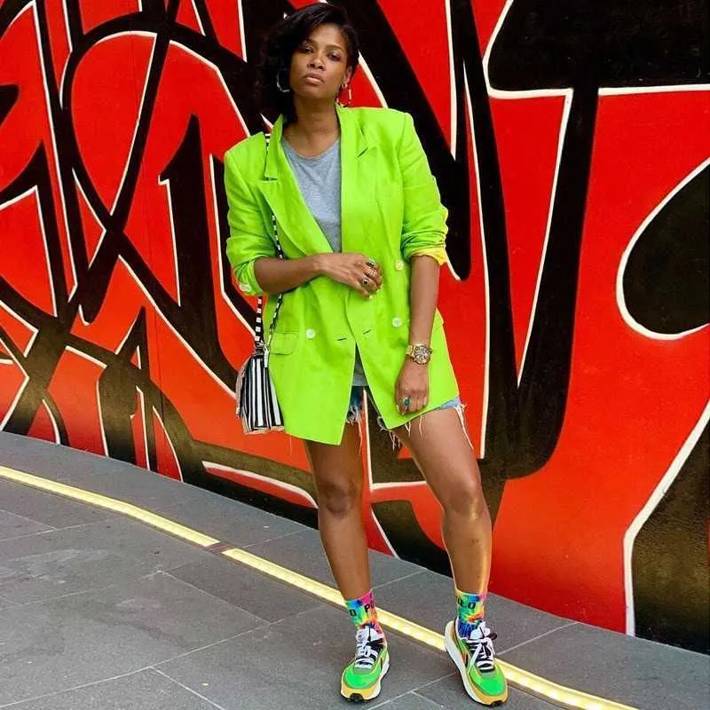 Proste Green Casual Office Blazer 2021 Kobiety Solid Colors Double Breasted Blazer All-Match Work Odzież Formalna Lady Podstawowe Nosić X0721
