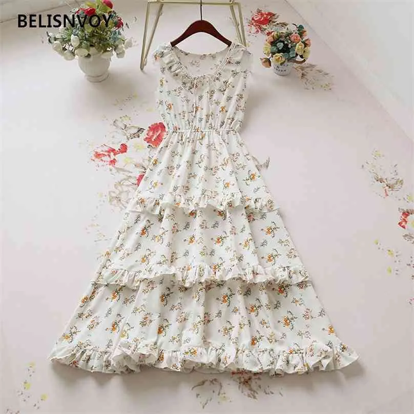 Kvinnors sommar sundresses blommig tryckt klänning V-nacke Bohemian stil Chiffon Ruffles Elegant Layered Kvinna Maxi Vestidos 210520