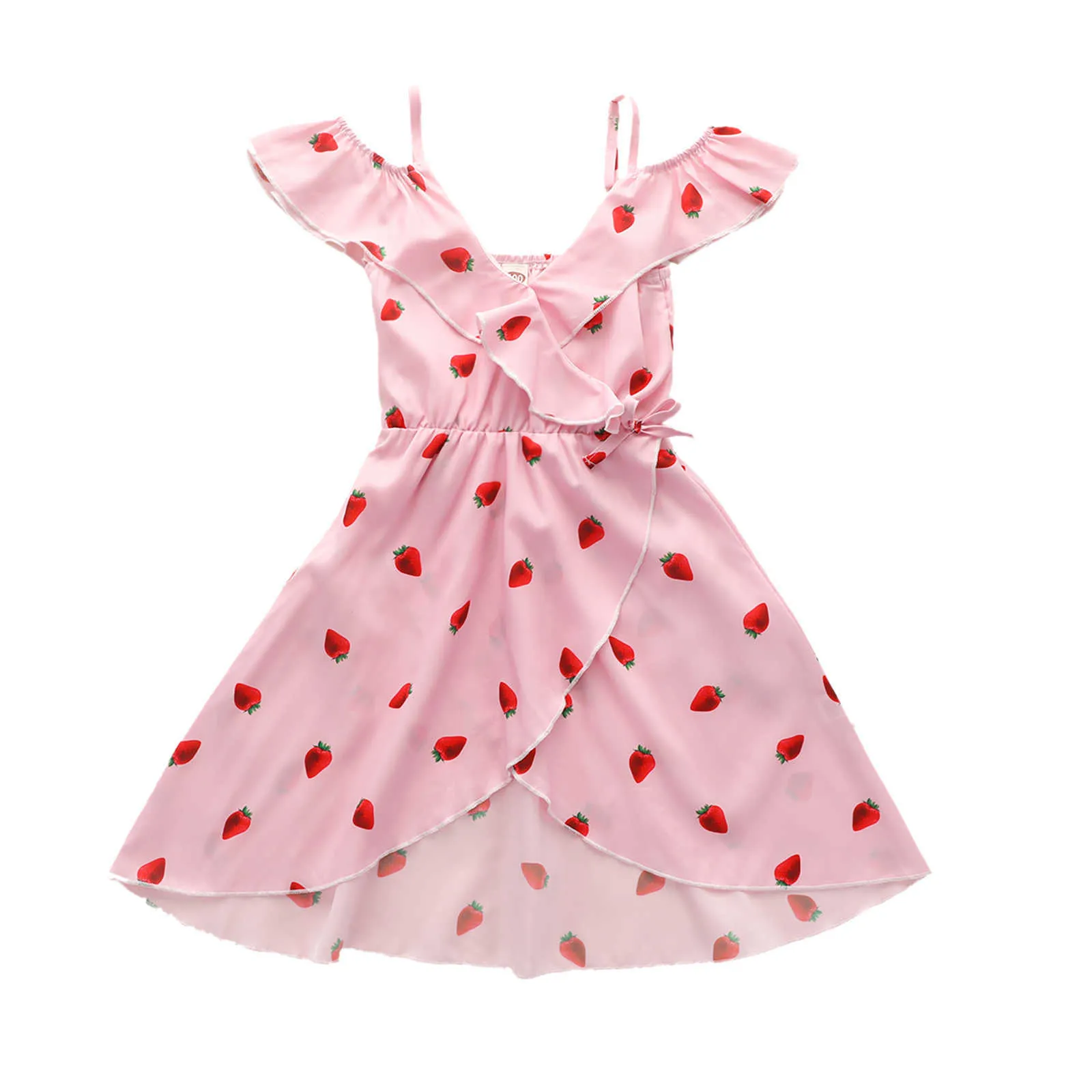 Peuter baby meisje jurk, aardbei afdrukken mouwloze outfits, casual v-hals hoge taille uit één stuk kleding 2-7t Q0716