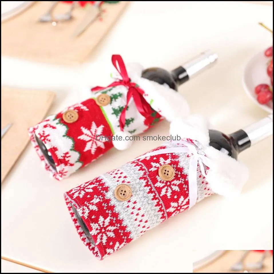 Christmas Wine Cover Elk Snowflake Christmas Tree Knit Champagne Bottle Clothes Xmas Red Wine Bag Party Ornament Decoration Gift
