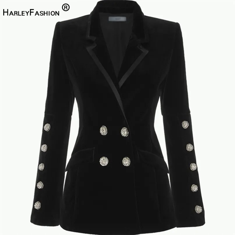 HarleyFashion Trending Fall Winter Notched Exquisite Diamonds Knappar Toppkvalitet Svart Chic Velvet Blazer Casual Jackor 211122