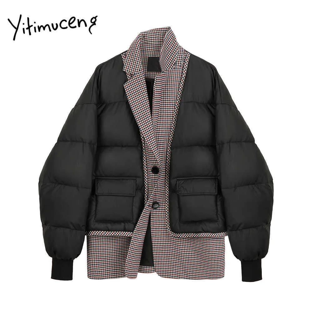 Yitimuceng patchwork parka's winterjas vrouwen gesplitst Houndstooth elegante Koreaanse mode enkele breasted jasje lente zwart 210601