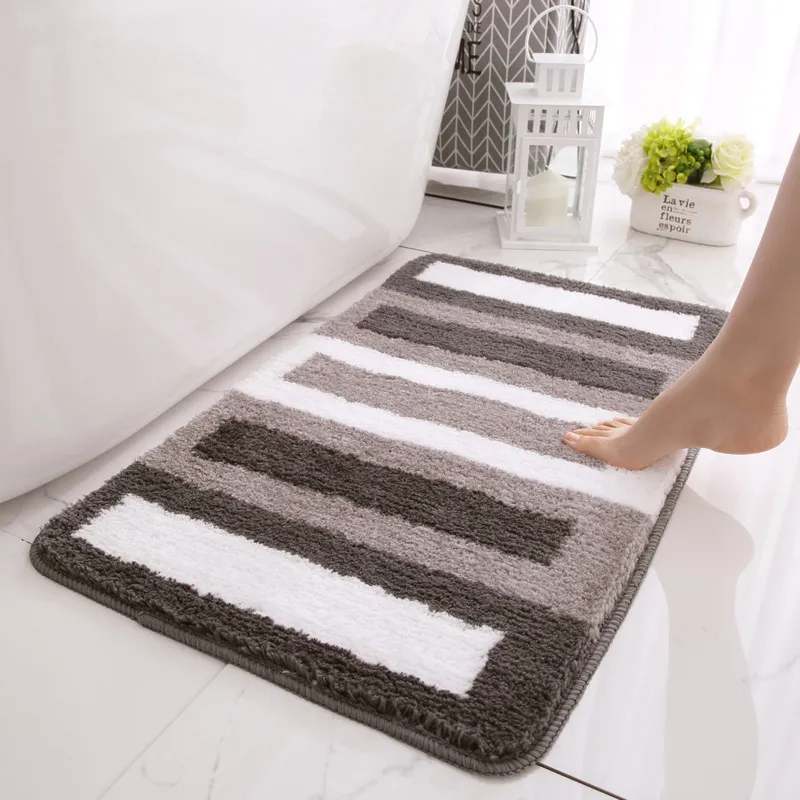 Tapis de bain en microfibre rayé tapis de salle de bain à flocage doux tapis de porte absorbant rapide tapis de sol pour la maison