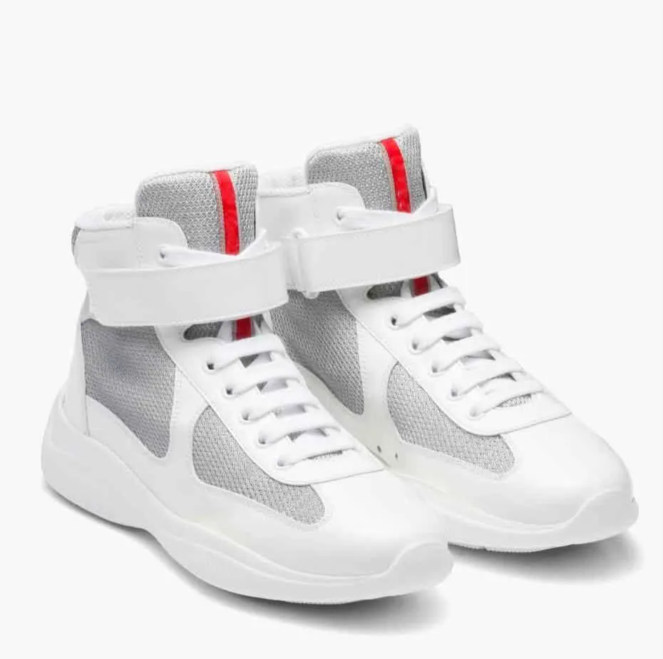 Berömda designmärken America Cup High-Top Sneakers Shoes Men gummi Sole Tyg Patent Leather Jogging Walking Technical Fabric Outdoor Trainers EU38-44Box