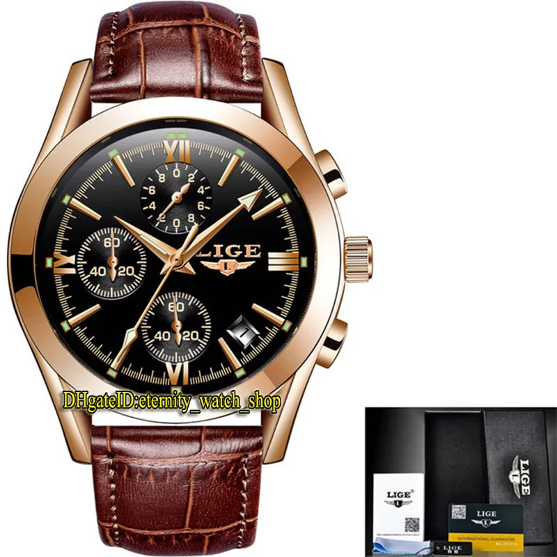 LIGE eternity LG9839 Orologi sportivi da uomo Data Quadrante nero Giappone VK Movimento cronografo al quarzo Orologio da uomo Cassa in oro rosa cinturino in pelle marrone