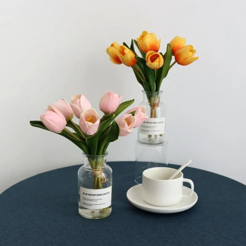 Flores decorativas grinaldas 1 buquê flor falsificada simulação elegante tulipa fantástica casa de couro falso diy para mesa