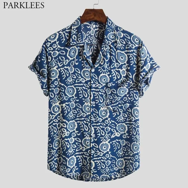 Camisa de playa hawaiana azul para hombres Verano de manga corta Tropical Aloha Camisas para hombre Botón casual Ropa de vacaciones 210522