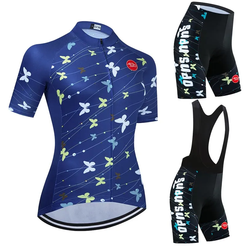 여성 사이클링 저지 세트 도로 자전거 셔츠 짧은 소매 통기성 승마 의류 20D 패딩 된 턱받이 반바지 푸른 나비