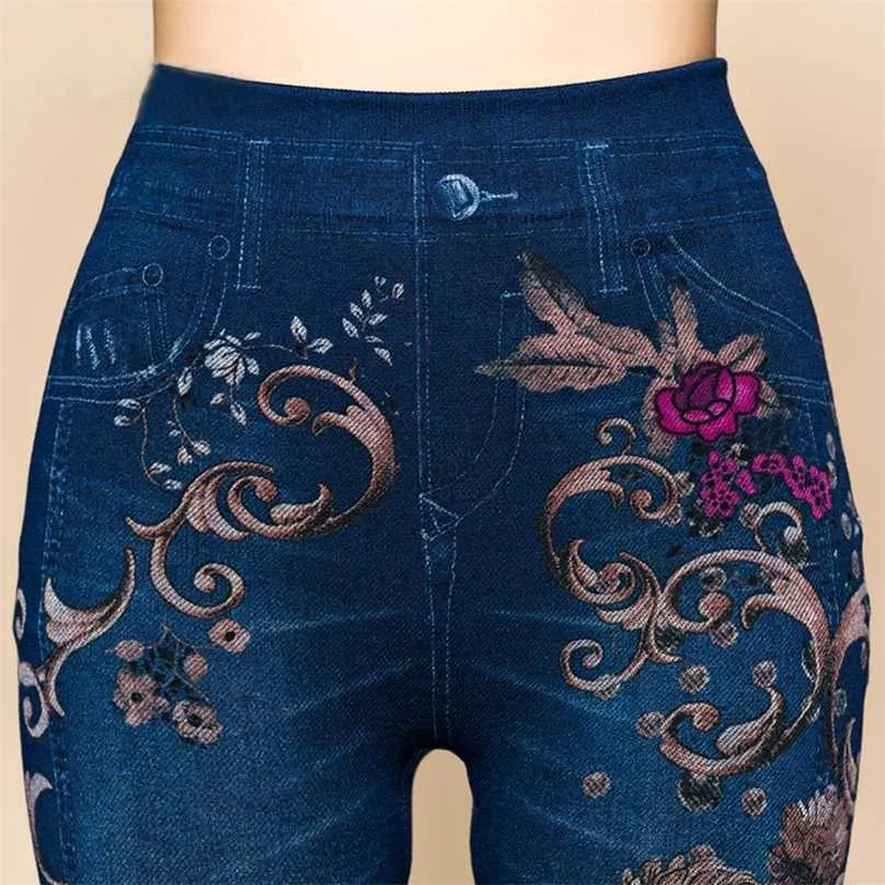 Mulheres Flores Impresso Jeans Leggings Outono Slim Algodão Alta Cintura Jeggings Senhoras Fake Calças Legência 211215