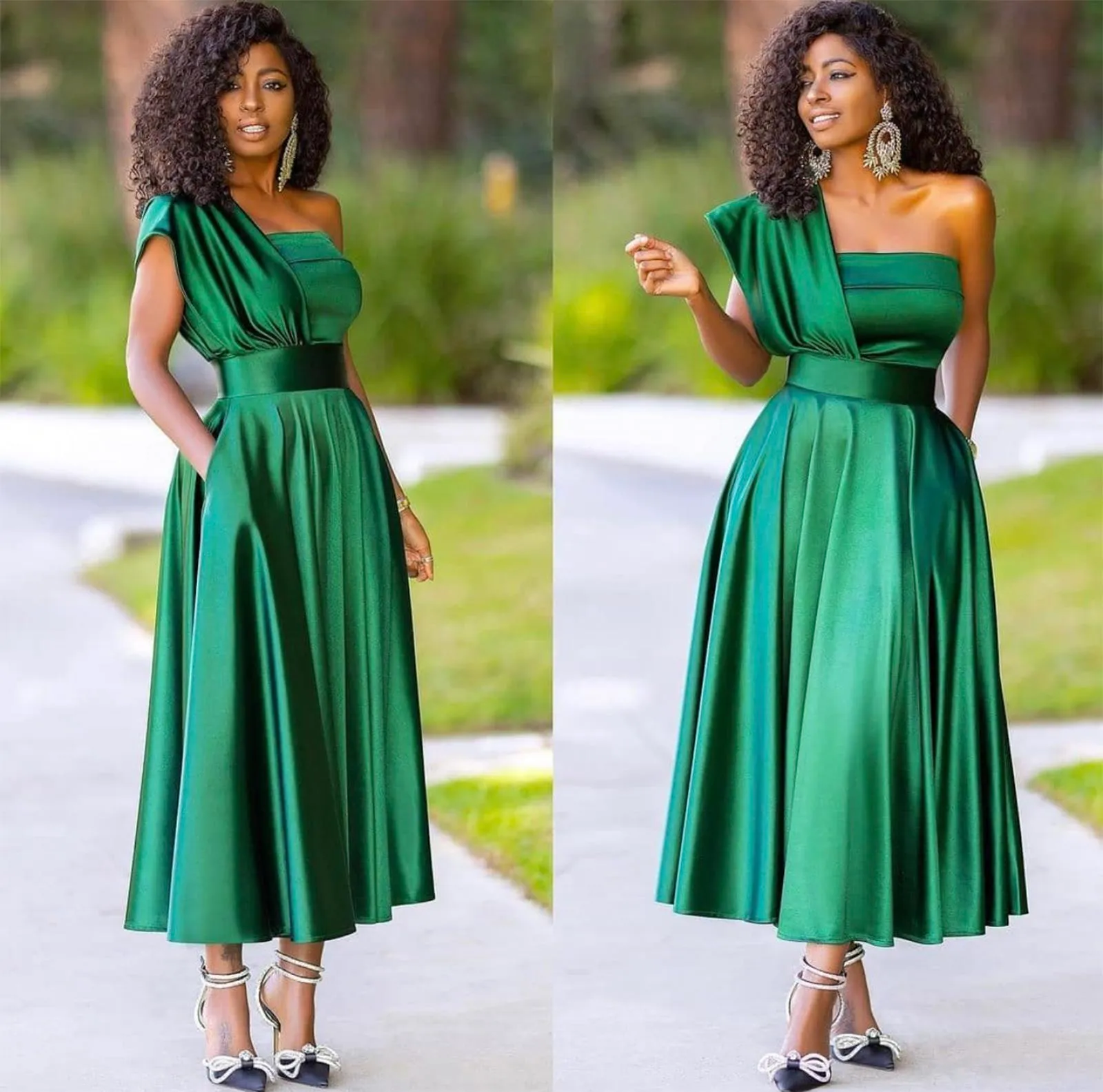 Magnifique Simple Vert Foncé Une Ligne Robes De Soirée Une Épaule Cheville Longueur Plis Formelle Robes De Soirée Robe De Bal Robes De Festa Sur Mesure